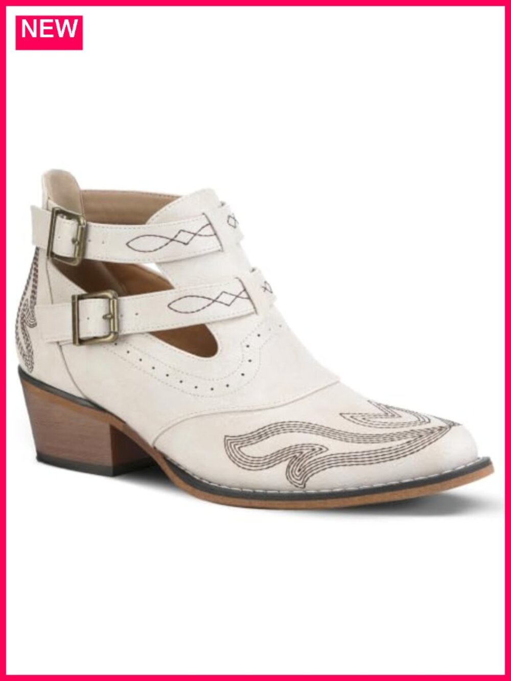 Women Western Ankle Bootie Snip Toe Embroidered Low Heel Faux Leather Slip On